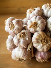 Close up a bunch of dried garlic on the table.