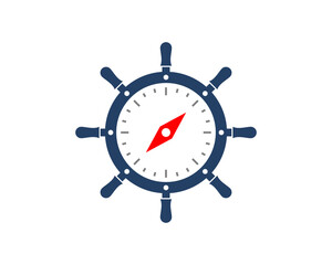 Ship steering wheel with compass needle in the middle