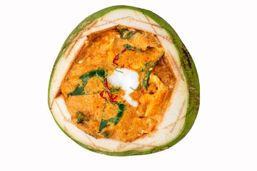 steamed fish and seafood with curry paste in coconut on white background. top view,Thai cuisine concept