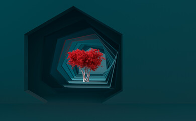 Minimal saturated abstract background and mock up for the presentation and exhibitions of products. Hexagonal arches in the blue walls in perspective and a lighted tree in the center. 3d illustration