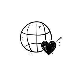 hand drawn doodle earth globe love icon illustration vector isolated