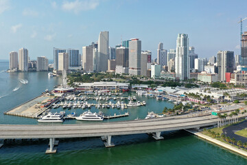 Aerial view of Bayside Marketplace and City of Miami, Florida.