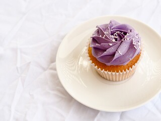 Pretty cupcake with purple icing on a textured white background