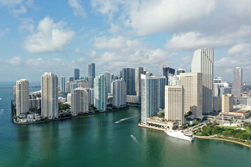 Fototapeta na wymiar Aerial view of entrance to Miami River and surrounding buildings in Miami.