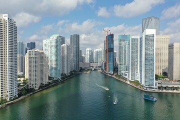 Aerial view of entrance to Miami River and surrounding buildings in Miami.
