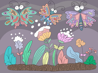 Cute colorful flowers and butterflies vector illustration.Doodle style design for background, digital print, clip art, wallpaper, illustration for kids, patterns, sticker, seamless and many more.