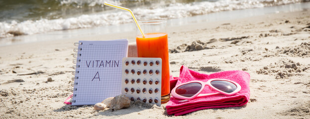 Medical pills, carrot juice and accessories for sunbathing at beach, vitamin A and beautiful,...