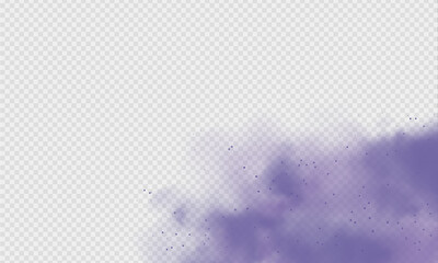 Purple dust or fog. Abstract purple powder explosion with particles. Violet smoke or dust isolated on light transparent background. Abstract mystical gas. Vector illustration.