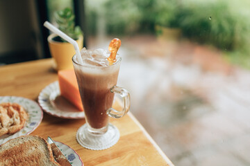 Iced Cocoa cool drink served on table.