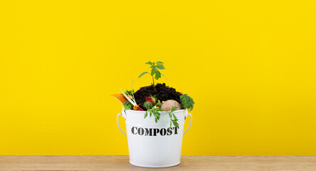 Kitchen compost bin containing kitchen food waste with tomato plant growing in top, recycle food waste by composting and growing your own food