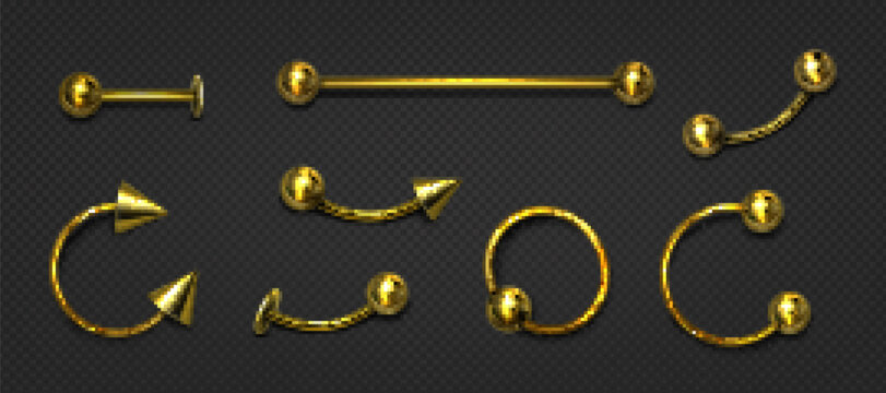 Gold piercing jewelry for face and body. Vector realistic set of golden earrings for pierce nose, ears, lips and eyebrows. Jewel accessories isolated on transparent background