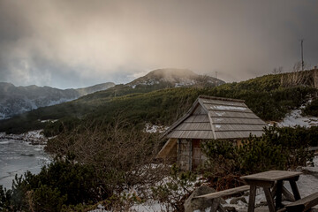 Fototapeta premium Clouds rising over Tatra Mountain valley and covering the peaks. Old wooden chalet and benches are abandoned. Selective focus on the bushes, blurred background.