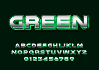 Retro Futuristic 80s font style. Vector alphabet with silver green chrome effect template for game title, poster headline, old style