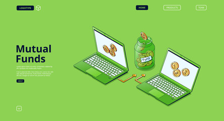 Mutual fund banner. Concept of finance strategy of investment in fund, stock instrument for capital diversification. Vector landing page with isometric laptops, coins and jar with money