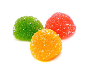 Colored jelly sweet sugar candies or marmalade isolated on a white background.