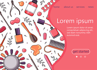 Manicure tools, nail polish. Vector illustration for banner, frame, landing page, website.