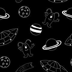 space seamless pattern. vector hand drawn. digital paper, textile, wrapping, background. monochrome, minimalism. alien, ufo, moon, comet.