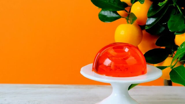 Mandarin jelly dessert. Citrus fruit jelly.Organic natural vegetarian dessert. Low Calorie Diet Sweets