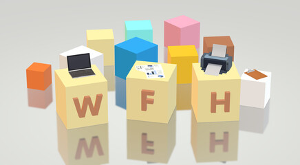 image 3d square box and word - WFH (WORK FROM HOME) New normal life concept and Take care of yourself. because of coronavirus COVID-19. illustration