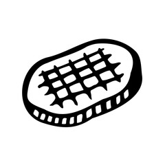 Grilled meat steak icon for web design isolated on white background. Hand drawn, doodle style. Beef or pork with grill strips. Black simple illustration. Vector pictogram