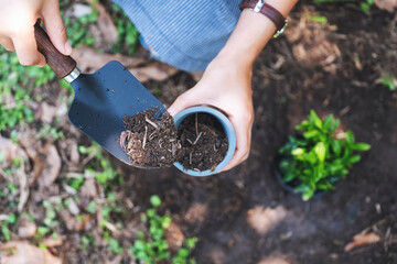 Closeup image of a woman preparing to replanting plant by use a shovel to scoop soil into the pot for home gardening concept © Farknot Architect