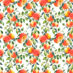 Beautiful seamless pattern with hand drawn watercolor tasty summer red apple fruits. Stock illustration.