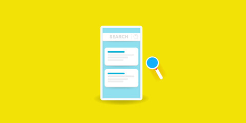 Mobile SEO concept. Search results displaying on smartphone screen. 3d style minimal design with yellow background.