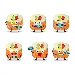 Photographer profession emoticon with uramaki sushi cartoon character