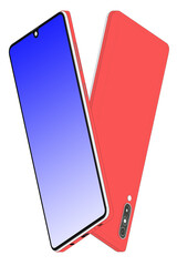 Telefony komórkowe smartfon widok z przodu i z tyłu niebieski wyświetlacz czerwony różowy tył obudowy. - obrazy, fototapety, plakaty