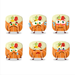 Uramaki sushi cartoon character with sad expression