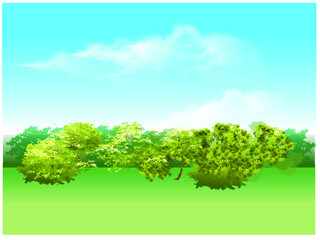 a field that forest is behind under the blue sky vector 