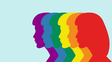 Women in silhouette Rainbow colored on a blue background. Copy space. Side view vector illustration