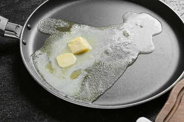Frying pan with melted butter, closeup