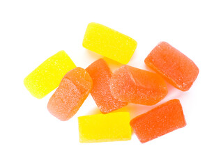 Tasty jelly candies on white background