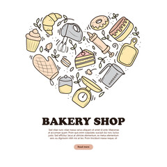 banner of baking and cooking tools, in the form of a heart, mixer, cake, spoon, cupcake, scales. vector illustration in the doodle style. a sketch drawn by hand on a white background.