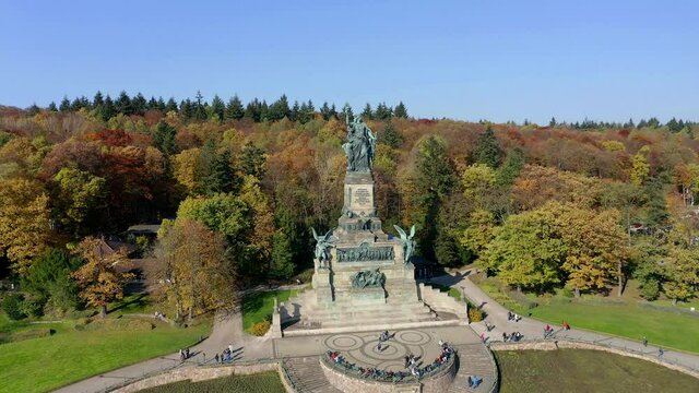 Aerial view, flight at Niederwald monument in autumnal vineyards, UNESCO World Heritage Site, R&uuml;desheim, Upper Middle Rhine Valley, Hesse, Germany,