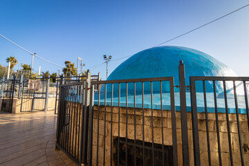  The dome painted blue above the building inside is the tomb of Rabbi Shimon Bar Yochai in...