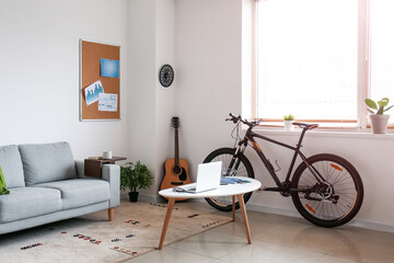 Interior of modern living room with bicycle and guitar