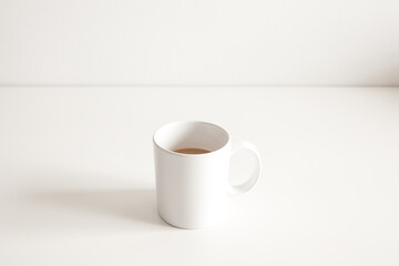 white ceramic cup of hot coffee with milk on a white wood table and refreshing look of the drink, with a clean background.