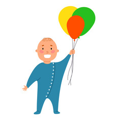 A small child holds colorful balloons in his hand.