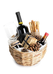 Gift basket with products and Christmas decor on white background