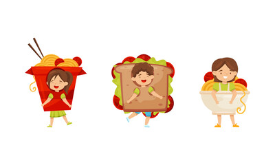 Little Boy and Girl Dressed in Chinese Noodle and Sandwich Outfit Enjoying Fancy Carnival Vector Set