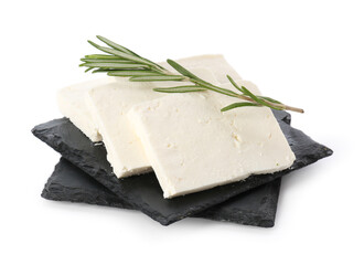 Tasty feta cheese and rosemary on white background