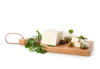 Board with tasty feta cheese and olives on white background