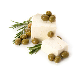 Tasty feta cheese, rosemary and olives on white background