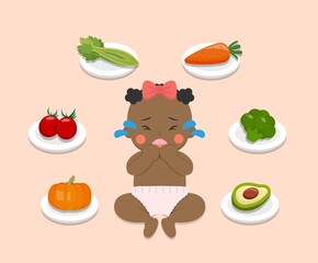 Baby refuses to eat fruits and vegetables, kid refuses to eat healthy food, comic cartoon vector character