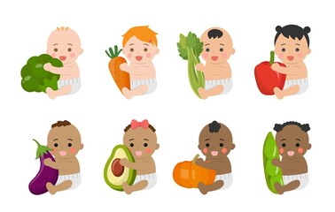 Cute babies with healthy vegetables and fruits, comic cartoon vector characters set