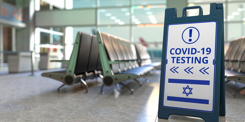 COVID-19 testing text and flag of Israel on a sandwich board sign in the airport terminal, 3D rendering