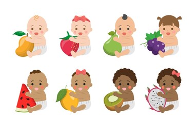 Cute babies with healthy vegetables and fruits, comic cartoon vector characters set