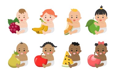 Cute babies with healthy vegetables and fruits, comic cartoon vector characters set